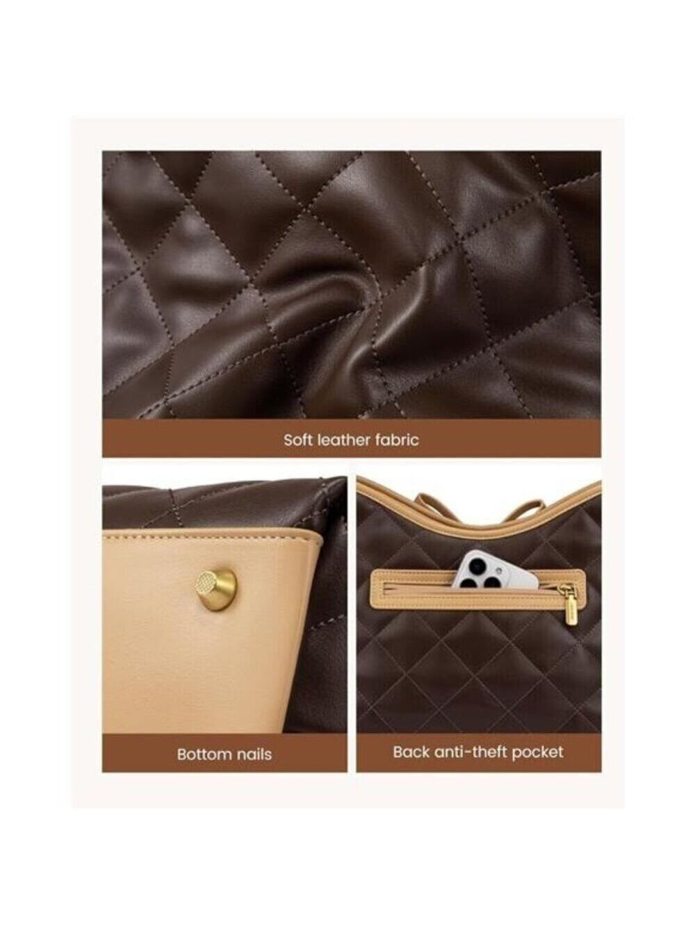 Purses for Women Soft Brown Vegan Leather Hobo Handbags Quilted Crossbody Bag - Picture 6 of 7
